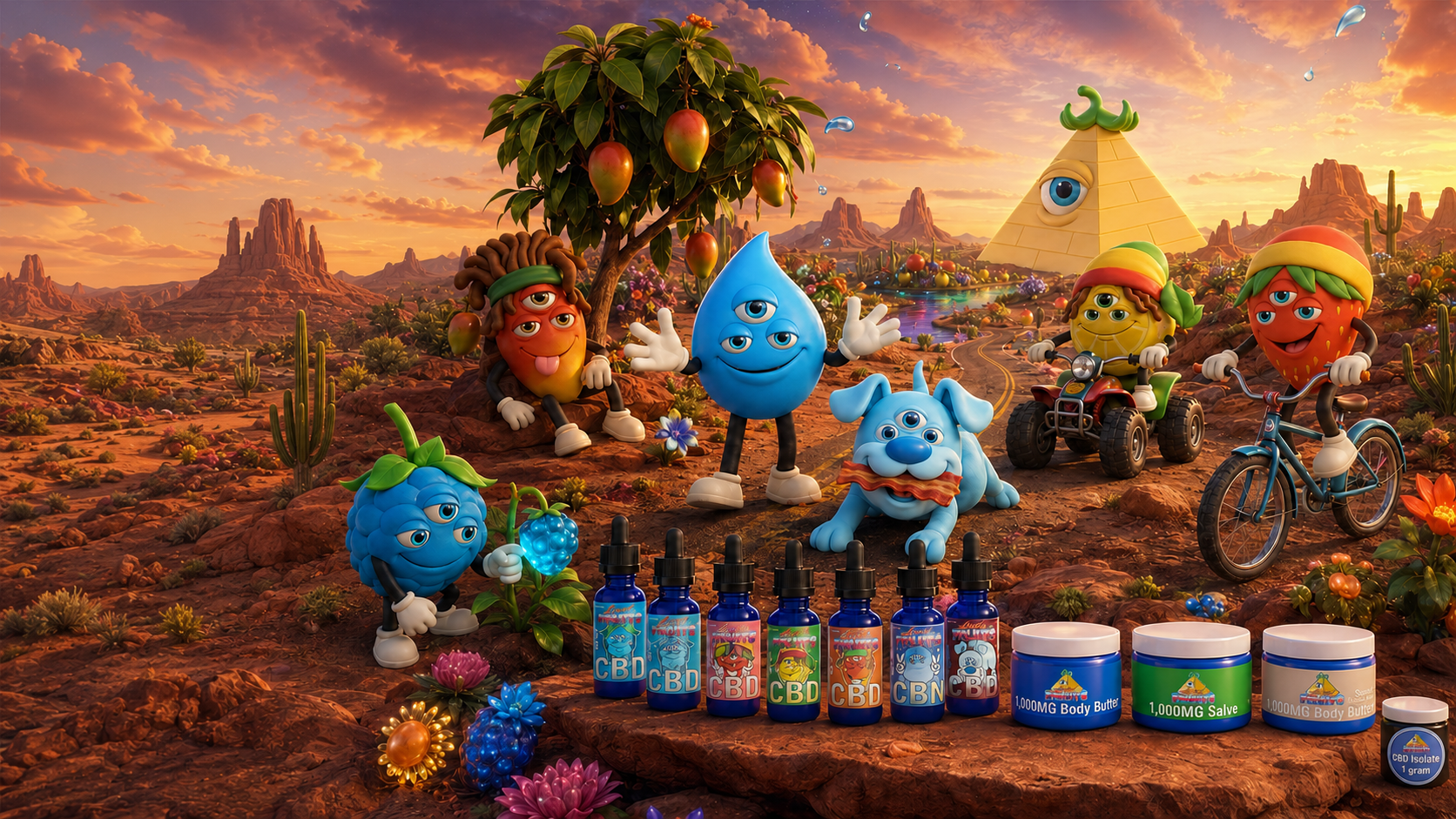 Lucid Fruits characters and CBD products in a colorful Arizona desert oasis
